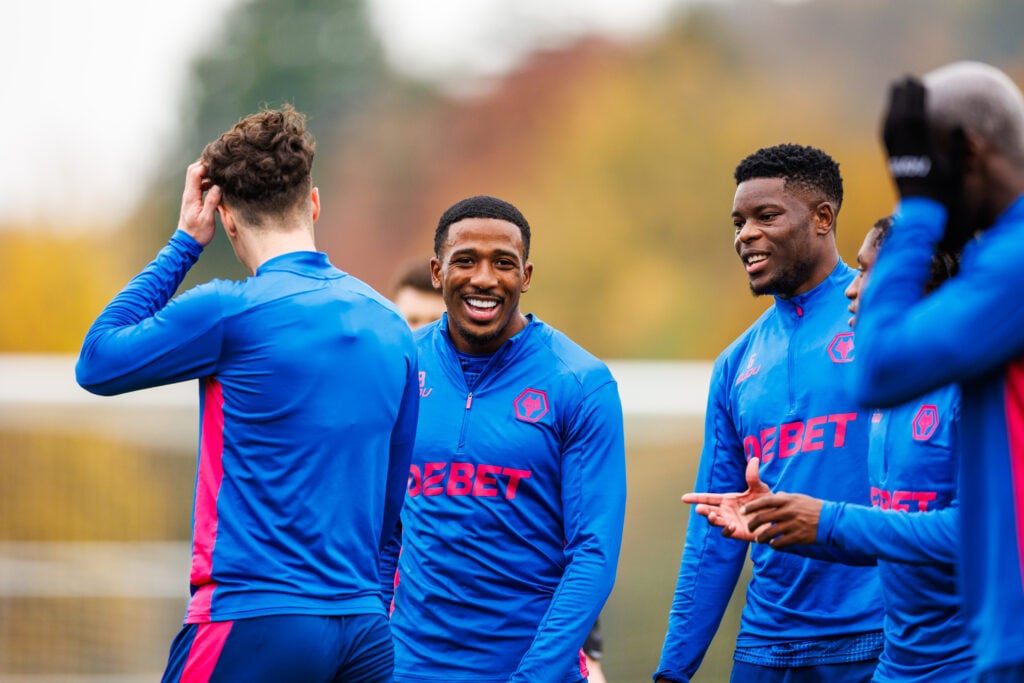 Jackson Tchatchoua of Wolverhampton Wanderers reacts during a training session at Sir Jack Hayward Training Ground