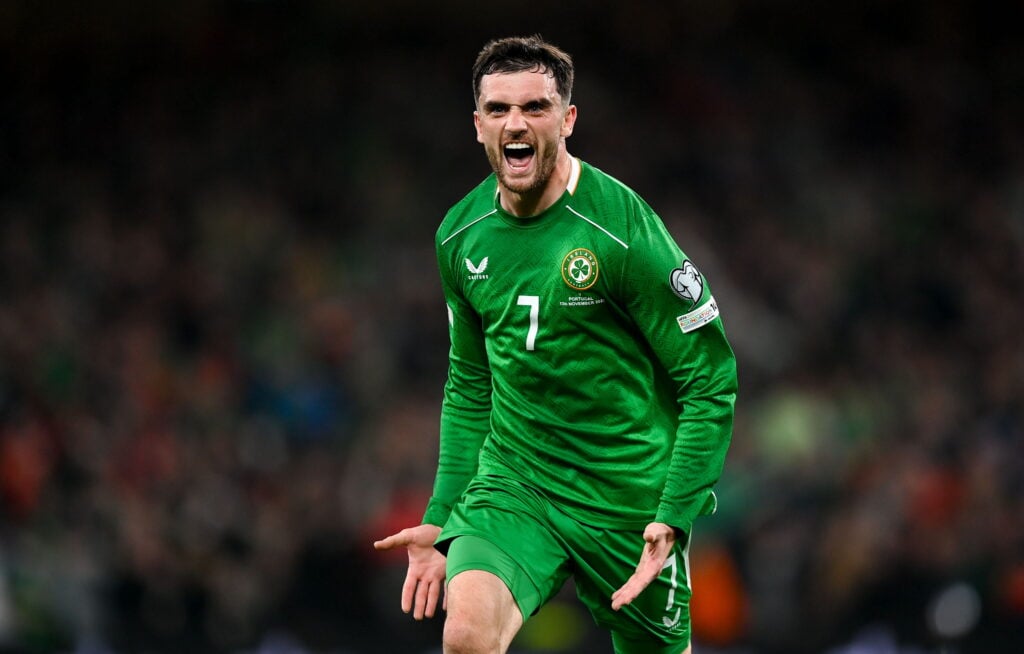 Troy Parrott celebrates after scoring for Ireland against Hungary.