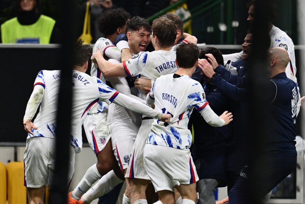 Jorgen Strand Larsen celebrates scoring for Norway against Italy