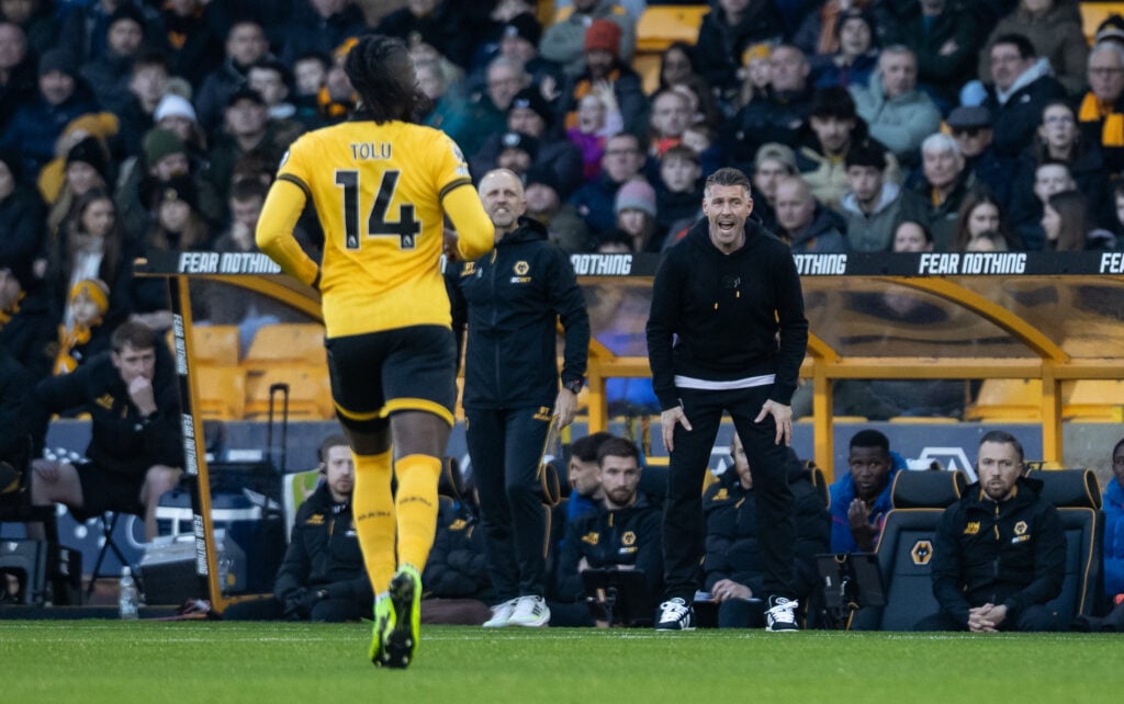 Tolu Arokodare in action for Wolves as Rob Edwards looks on