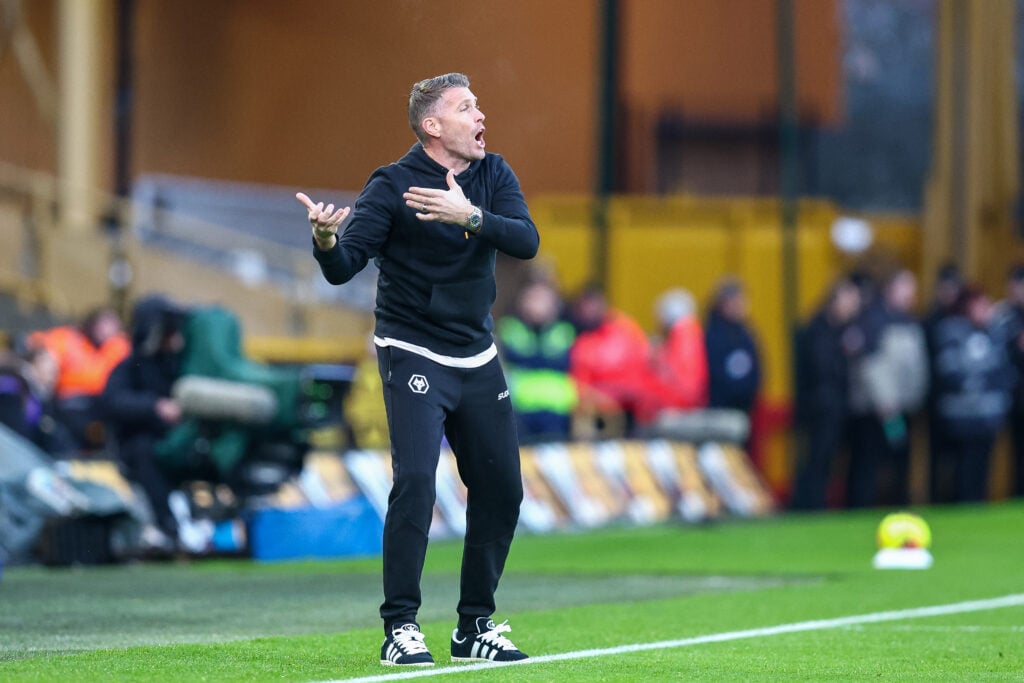 Rob Edwards giving instructions on the sidelines in Wolves vs Crystal Palace