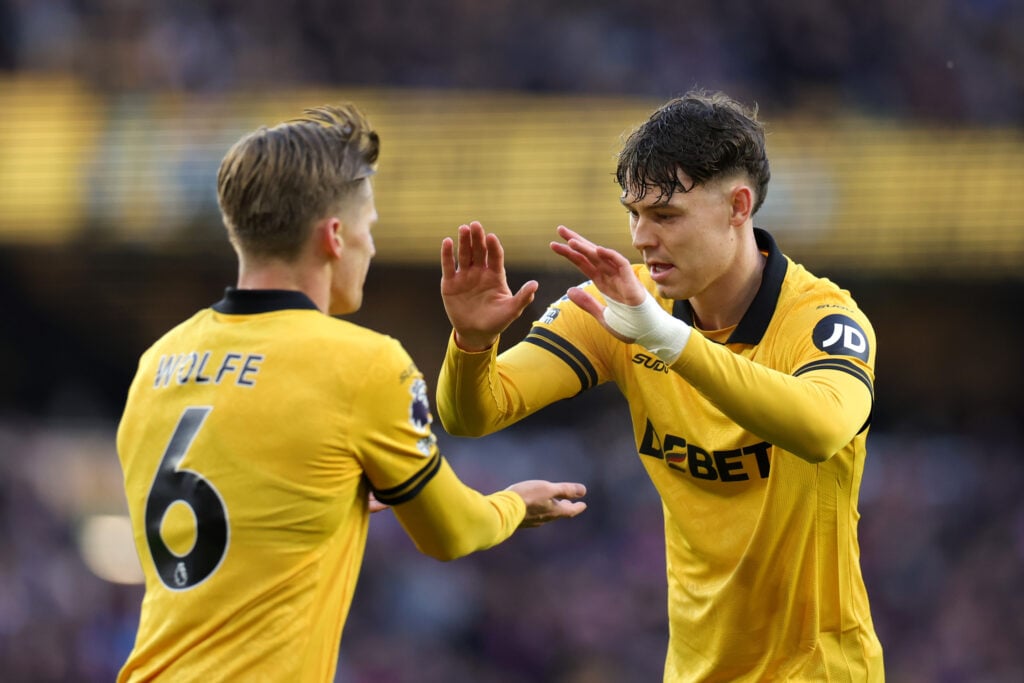 Jorgen Strand Larsen with David Moller Wolfe during Wolves vs Crystal Palace