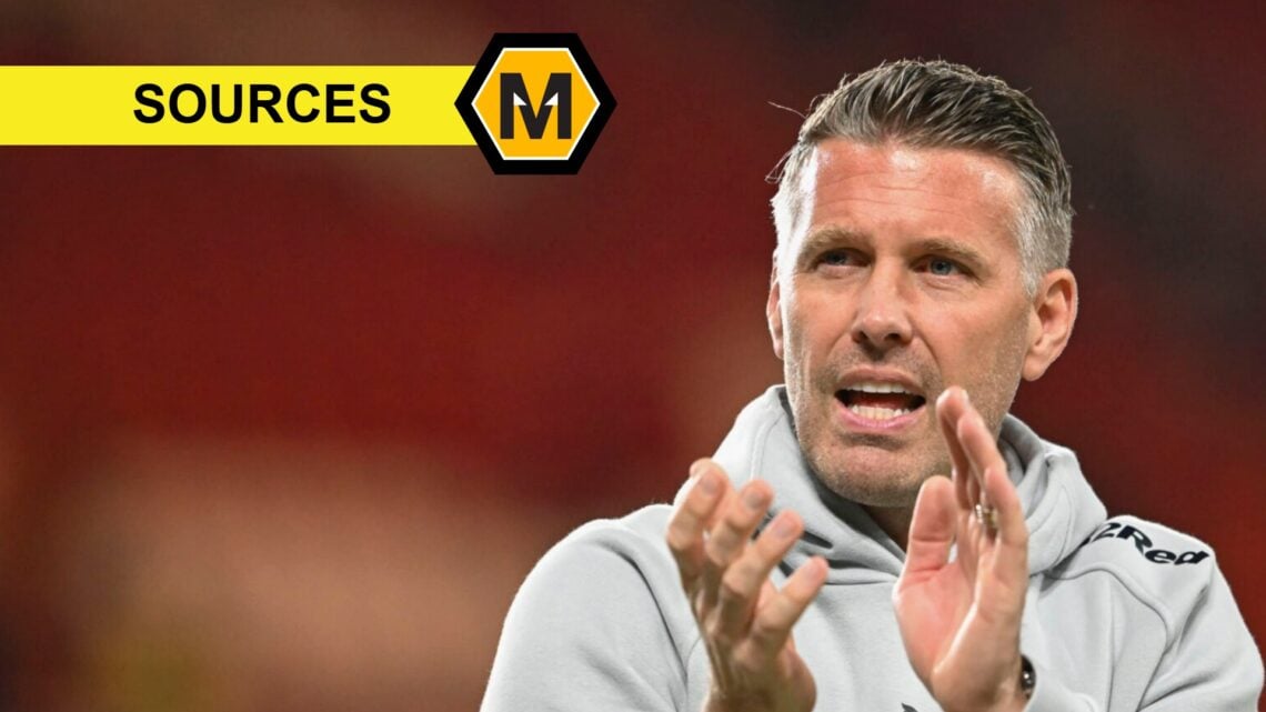 Rob Edwards claps fans (right), Sources banner and Molineux News logo (top left)