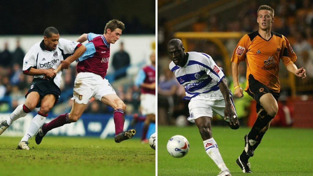 Left: Rob Edwards winning the ball back when playing for Aston Villa Right: Rob Edwards playing for Wolves, battling against Paul Furlong of QPR