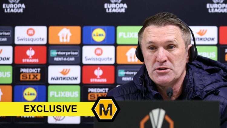 Ferencvaros manager Robbie Keane in a press conference (right), exclusive banner and Molineux News logo (bottom left)