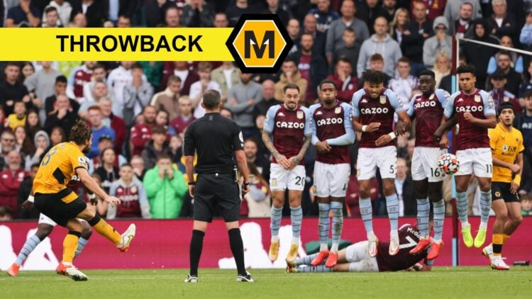 Ruben Neves scores free-kick vs Aston Villa in 2021 (central), throwback banner and Molineux news logo (top left)
