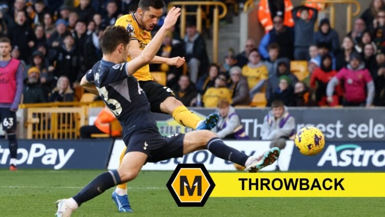 Pablo Sarabia scoring against Tottenham for Wolves (central), throwback banner and Molineux News logo (bottom right)