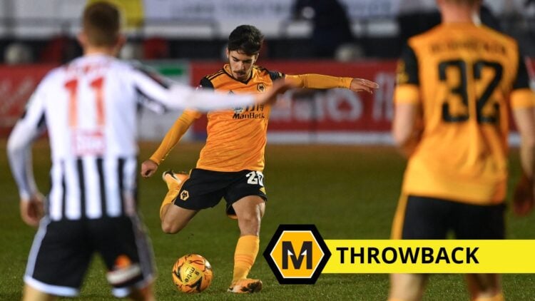 Main: Vitinha takes a shot for Wolves against Chorley in the FA Cup Label: Throwback with Molineux News logo