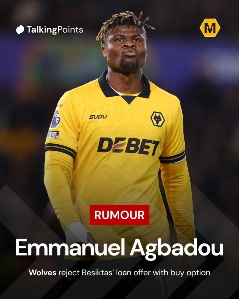 A custom image showing Emmanuel Agbadou with information that Wolves have rejected a offer from Besiktas.