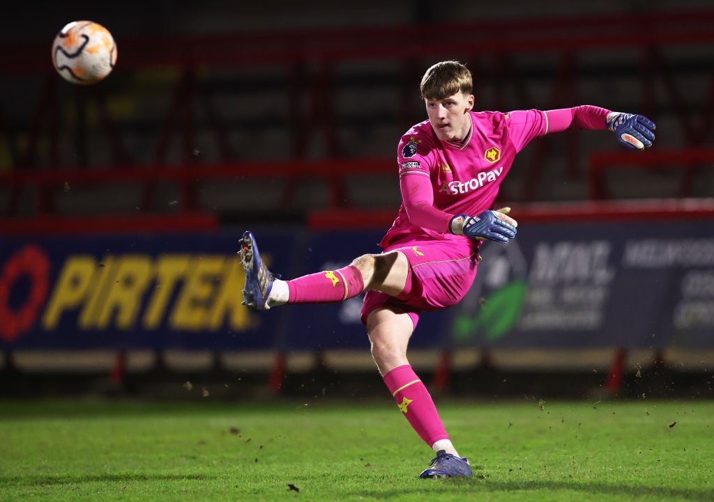 James Storer taking a goal kick for Wolves youth squad