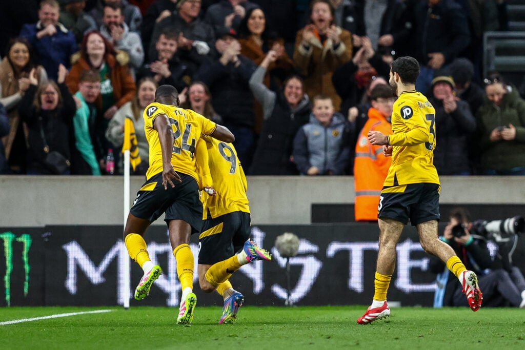 Wolves celebrate scoring against West Ham in April 2025.