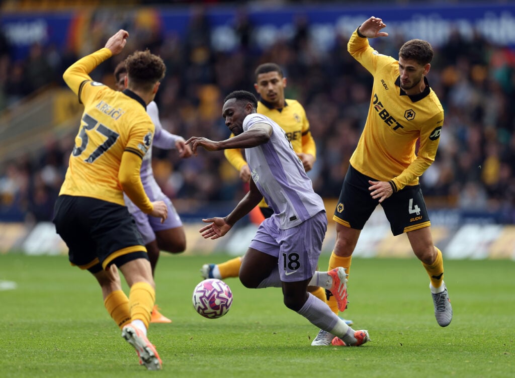 Ladislav Krejci and Santiago Bueno try to win back the ball for Wolves.