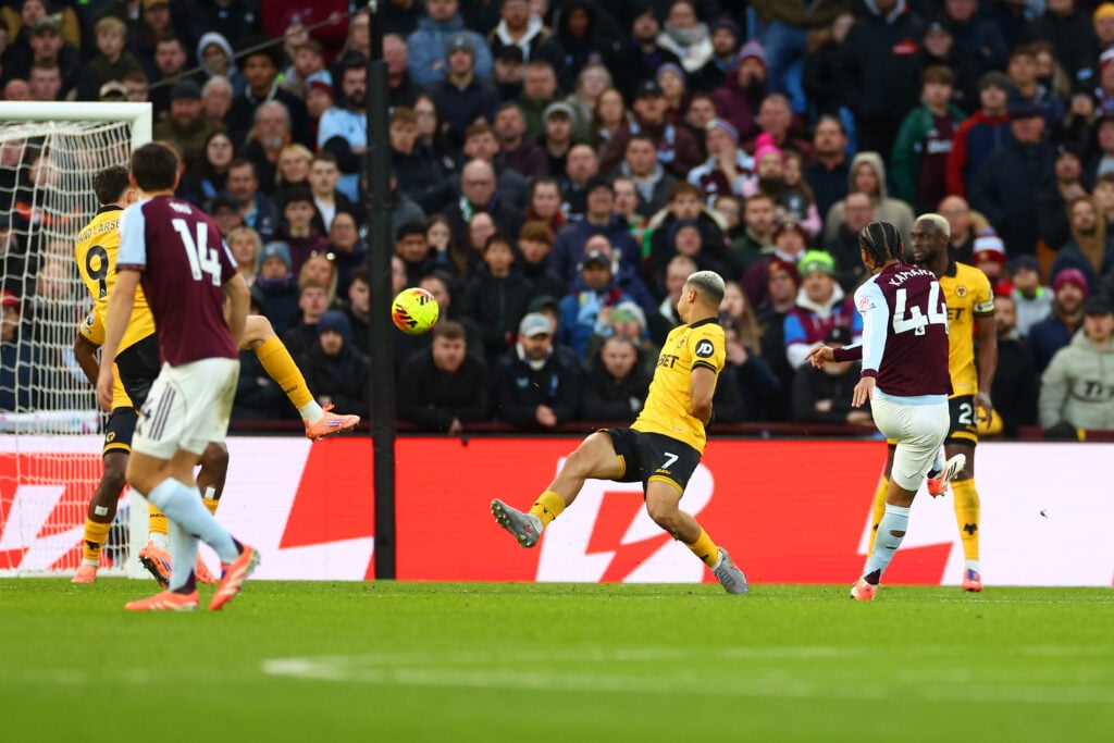 Boubacar Kamara scores for Aston Villa against Wolves.