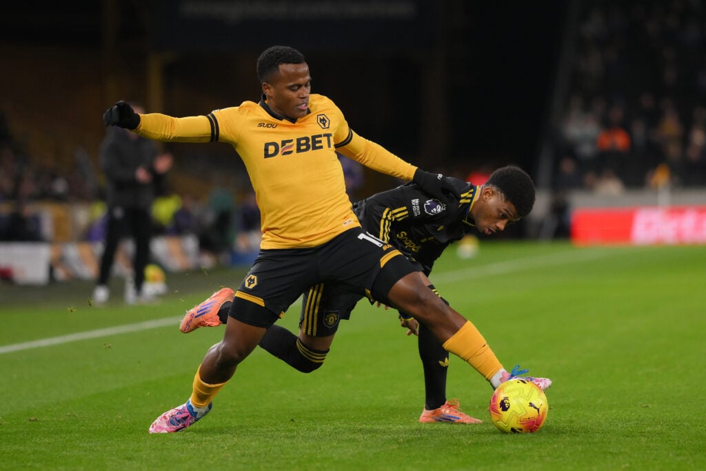 Jhon Arias jostles for possession against Manchester United.