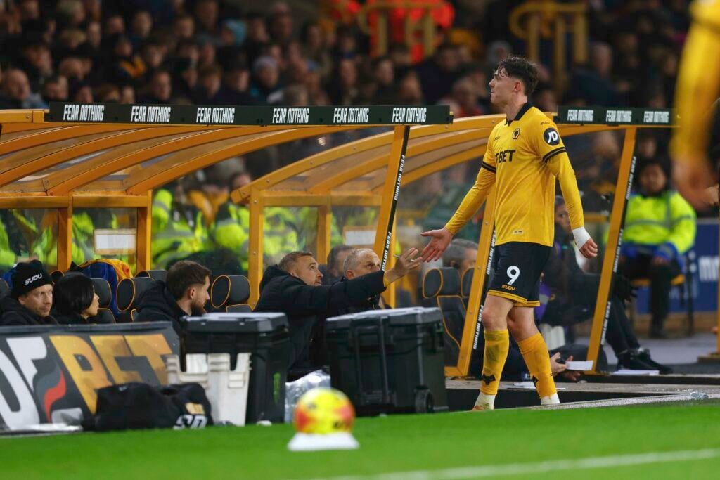 Jorgen Strand Larsen makes his way to the Wolves bench.