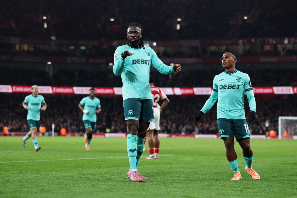 Tolu Arokodare celebrates after scoring for Wolves.