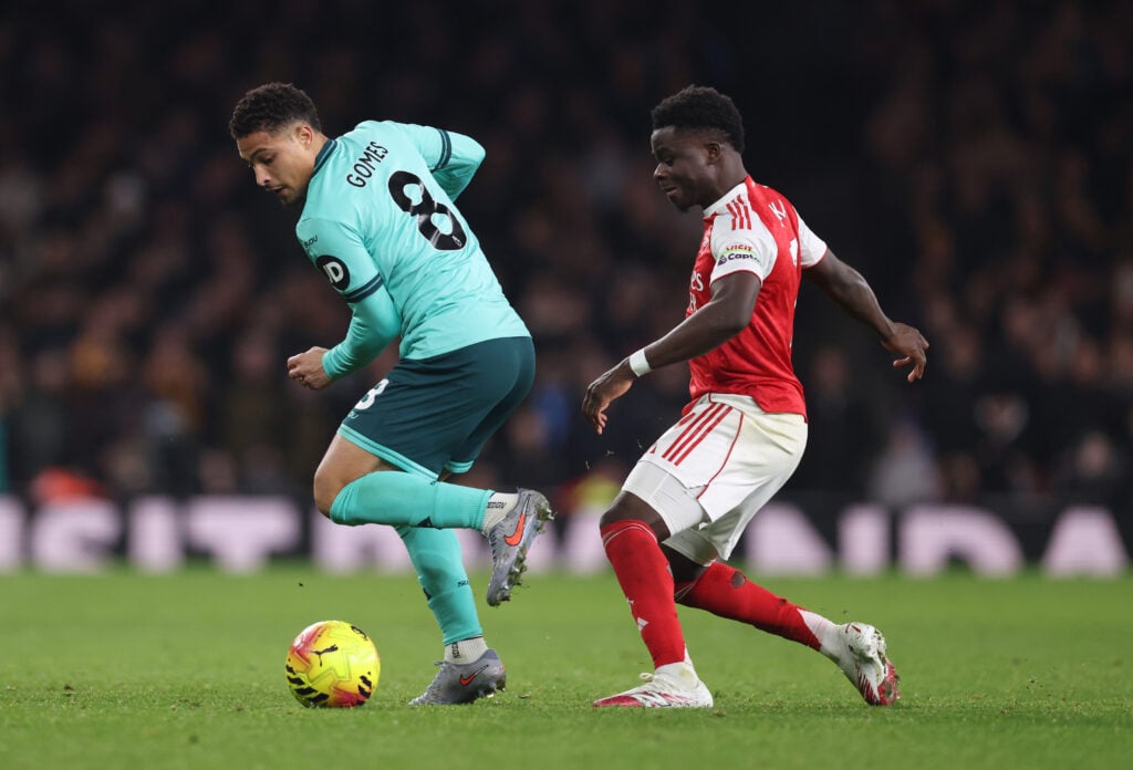Joao Gomes on the ball for Wolves.