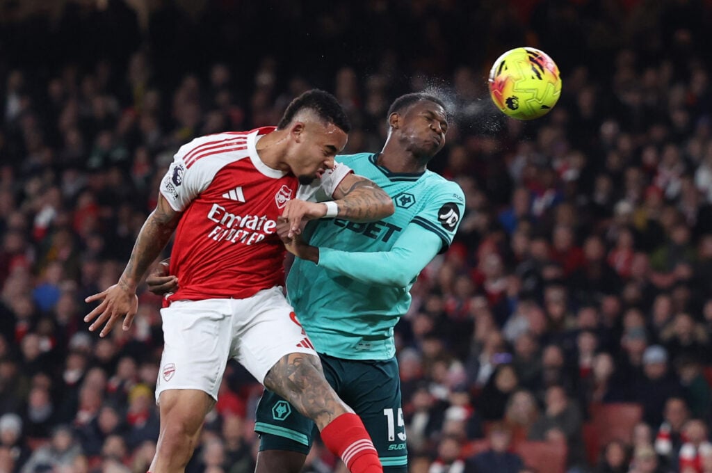 Yerson Mosquera scores own goal against Arsenal under pressure from Gabriel Jesus