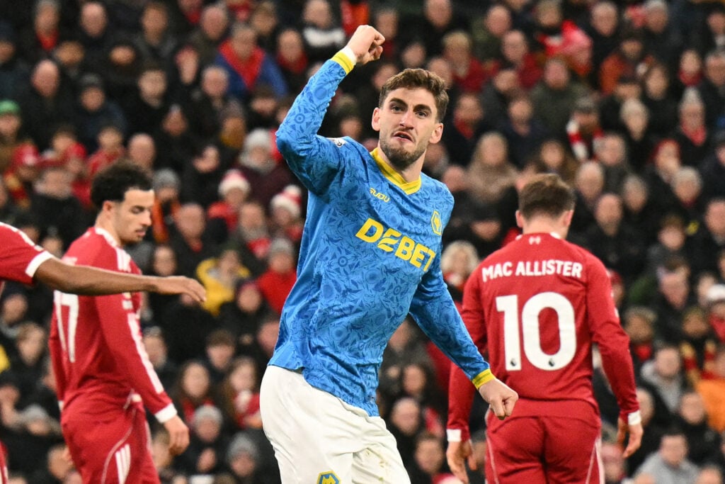 Santiago Bueno celebrates scoring against Liverpool.