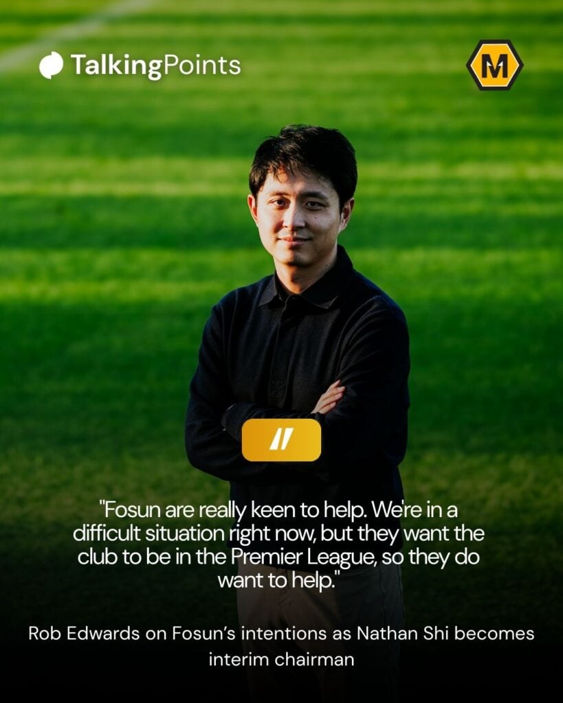 A custom image showing a quote from Rob Edwards about Fosun after Nathan Shi replaced Jeff Shi as chairman.