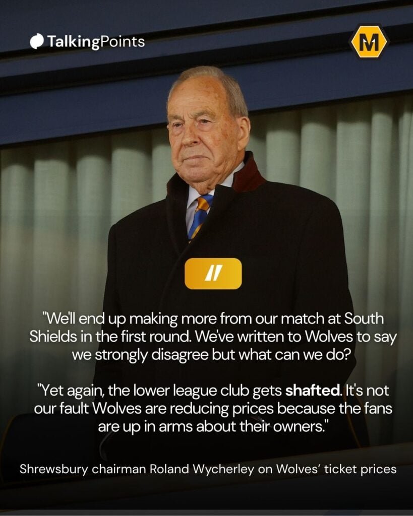 A custom graphic showing a quote from Shrewsbury Chairman Roland Wycherley.