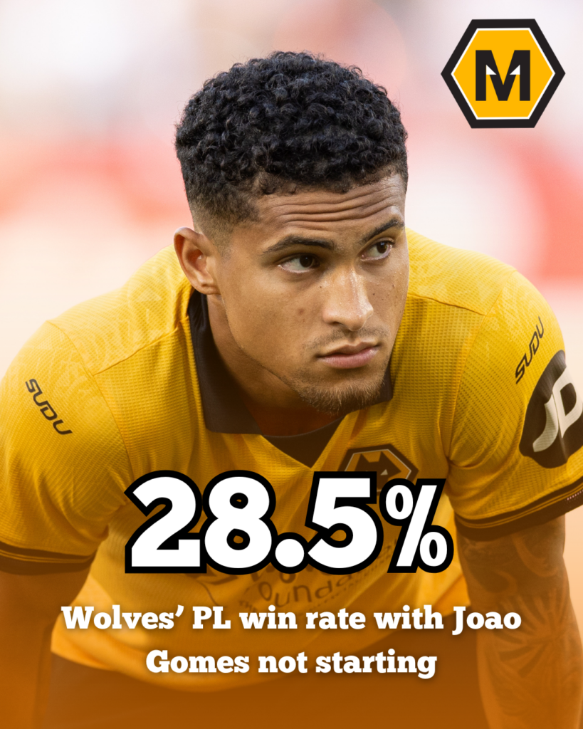 Wolves' win rate without Joao Gomes in the Premier League
