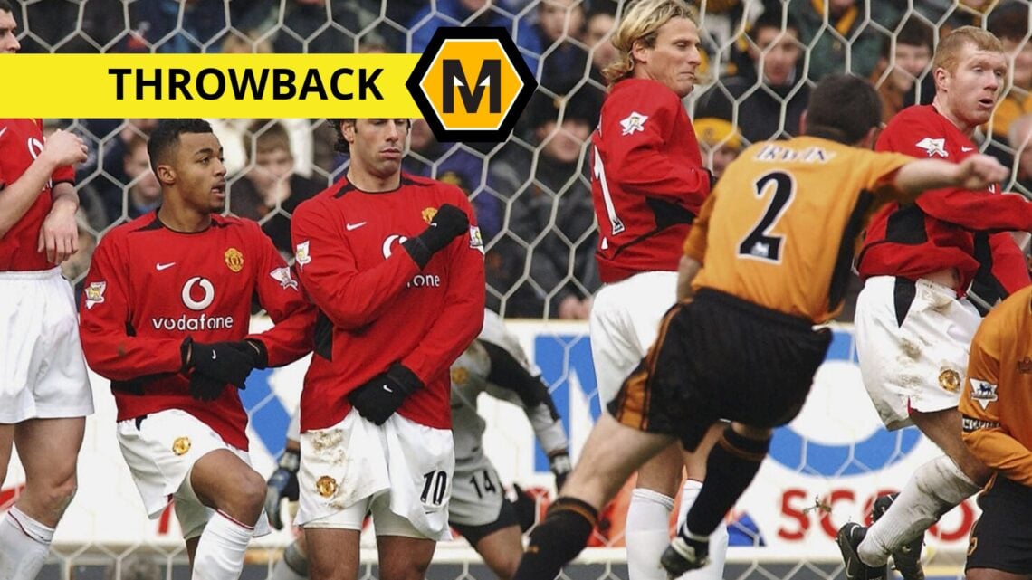 Main: Denis Irwin of Wolverhampton Wanderers takes a free kick against Manchester United during the FA Barclaycard Premiership match between Wolver...
