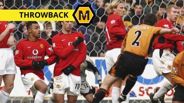 Main: Denis Irwin of Wolverhampton Wanderers takes a free kick against Manchester United during the FA Barclaycard Premiership match between Wolver...