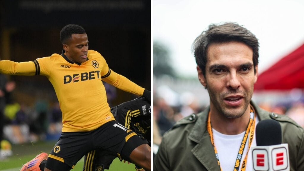 Jhon Arias playing for Wolves (left), Kaka at the Brazilian Grand Prix (right).