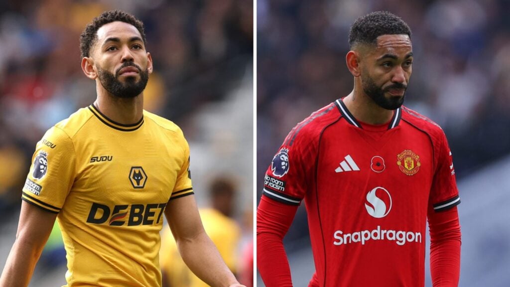 Left: Matheus Cunha playing for Wolves against Brentford in May 2025 Right: Matheus Cunha in action for Manchester United against Tottenham in November 2025