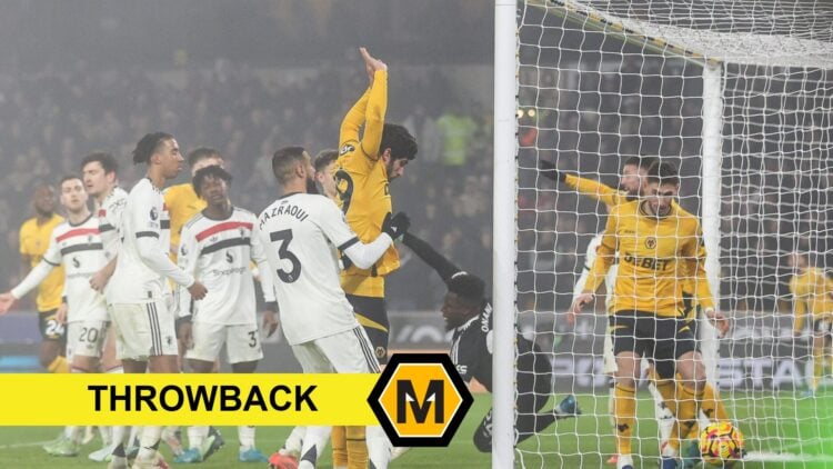 Matheus Cunha scores from a corner for Wolves against Manchester United (central), throwback banner and Molineux News logo (bottom left)