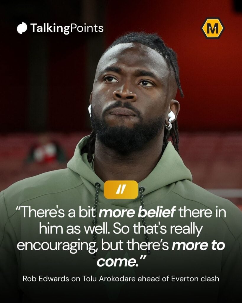 A custom graphic showing a quote from Rob Edwards about Tolu Arokodare.