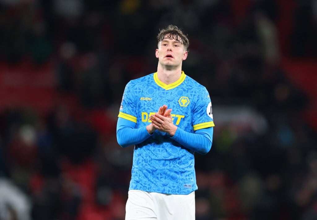 Jorgen Strand Larsen applauds Wolves fans at Old Trafford