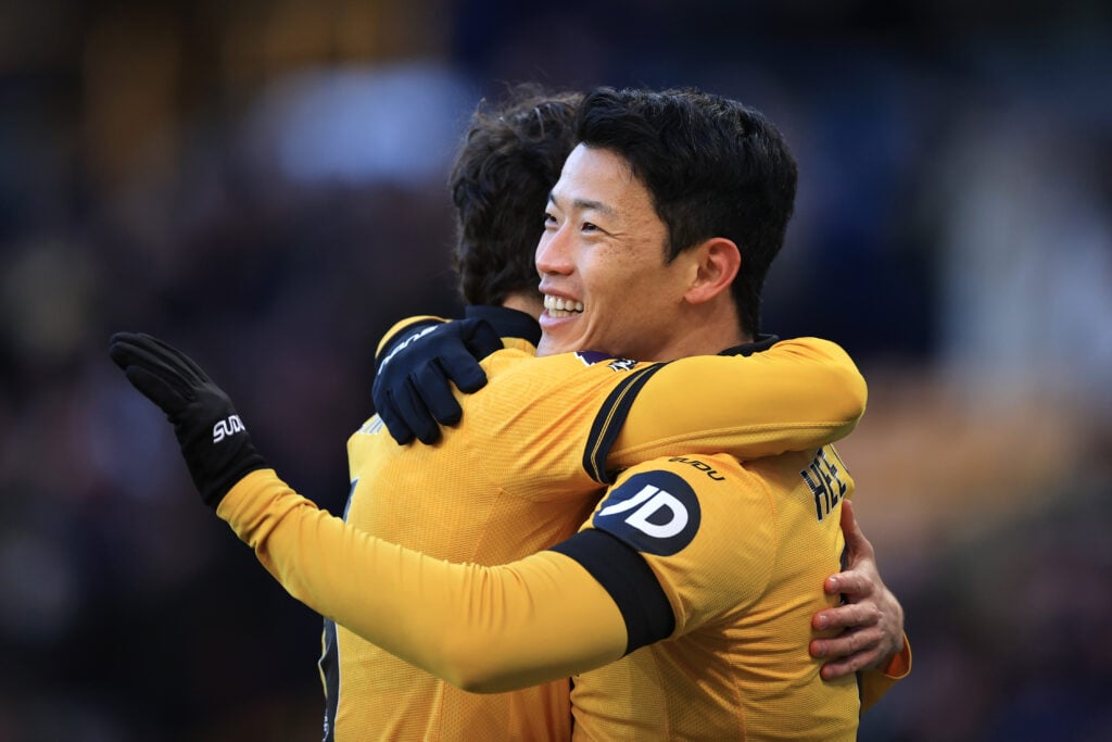 Hwang Hee-chan celebrates after scoring for Wolves.