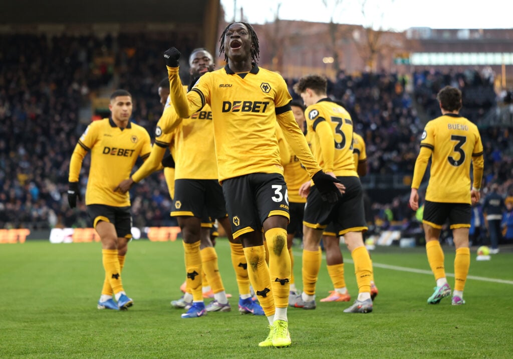Mateus Mane celebrates after scoring for Wolves.
