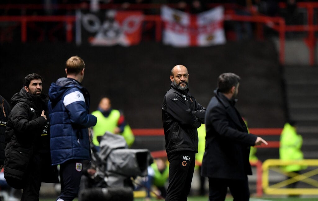 Nuno Espirito Santo manager / head coach of Wolverhampton Wanderers argues with Lee Johnson manager / head coach of Bristol City during the Sky Bet Championship match between Bristol City and Wolverhampton