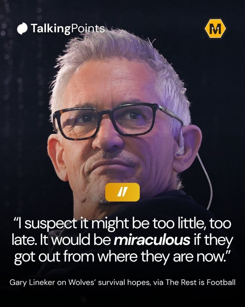 A custom image showing a quote from Gary Lineker about Wolves.
