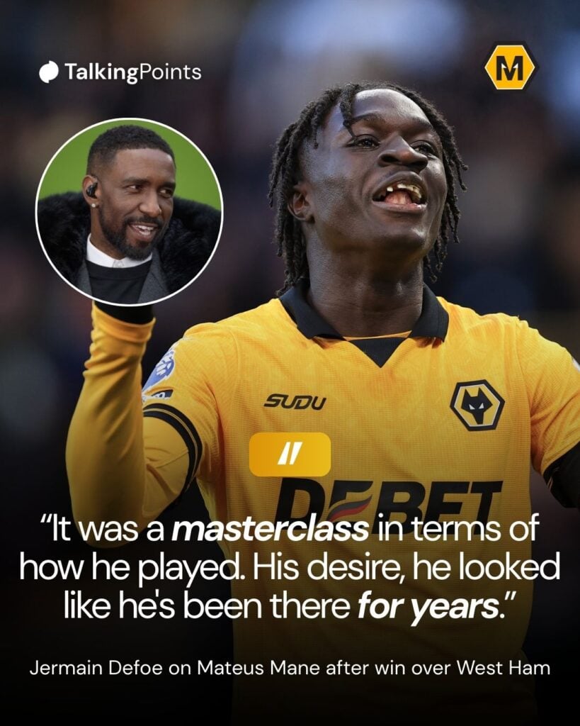 A custom graphic showing a quote from Jermain Defoe about Mateus Mane.
