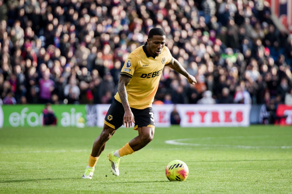 Jackson Tchatchoua winds up for a cross for Wolves.