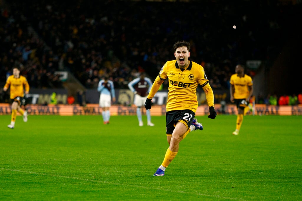Rodrigo Gomes celebrates after scoring for Wolves.