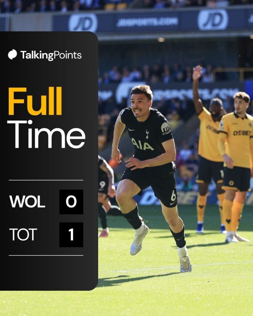 A custom graphic showing the full-time score of Wolves vs Tottenham.