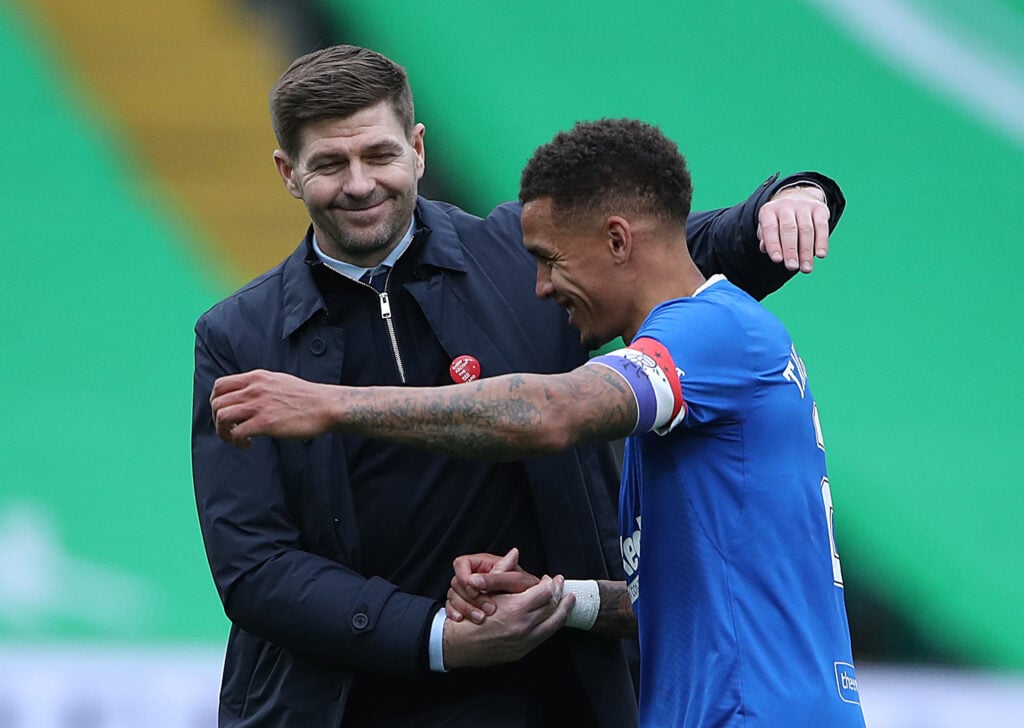 Steven Gerrard embraces James Tavernier.