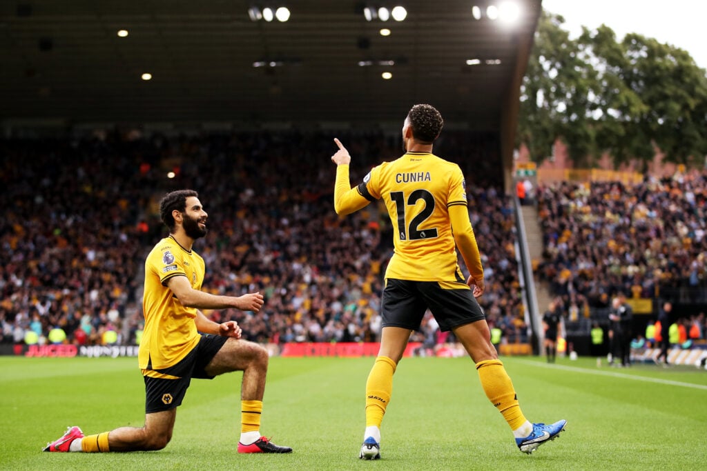 Rayan Ait-Nouri and Matheus Cunha celebrate for Wolves.