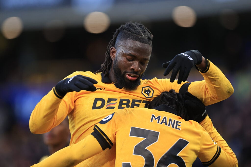 Tolu Arokodare and Mateus Mane celebrate for Wolves.