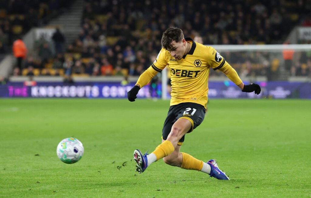 Rodrigo Gomes plays the ball for Wolves.