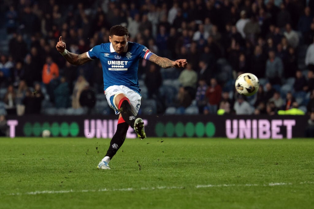 James Tavernier takes a free-kick for Rangers.