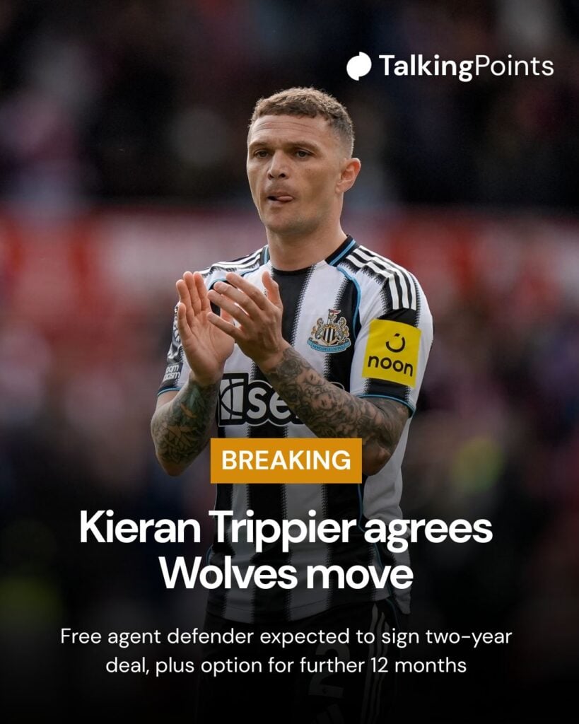 A graphic showing the news that Wolves have agreed a deal to sign Kieran Trippier