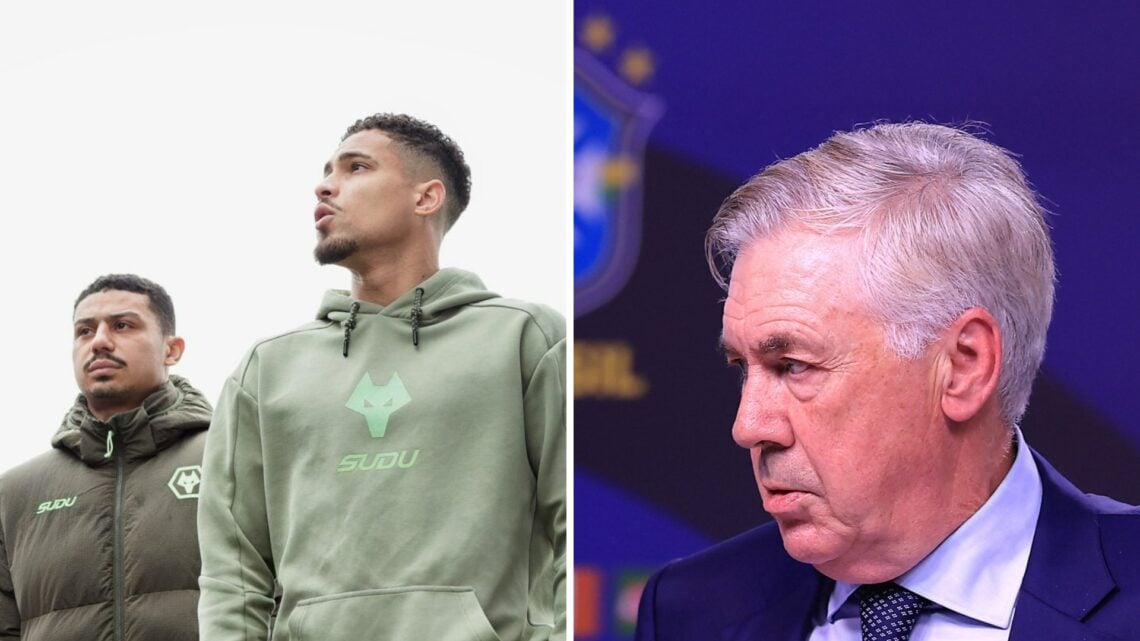 Joao Gomes and Andre ahead of playing for Wolves (left), Carlo Ancelotti in a Brazil press conference (right)