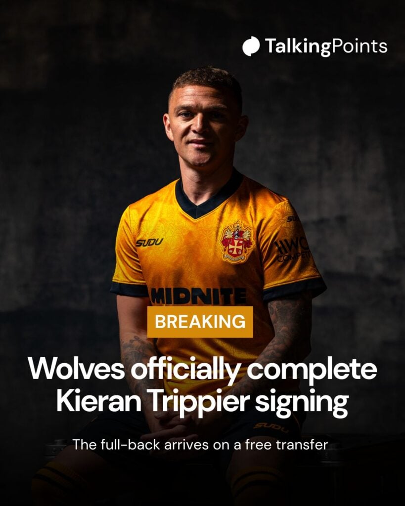 A custom image showing Kieran Trippier posing in a Wolves shirt.