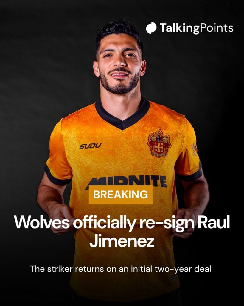 A custom image showing Raul Jimenez re-signing for Wolves.